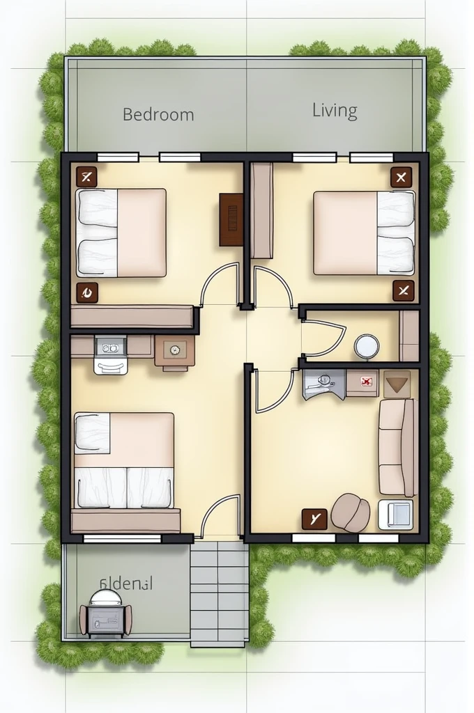 Create a floor plan for a two-story house measuring 80 m², 3 Bedrooms, 2 bathrooms, uma cozinha, a room, a service area 