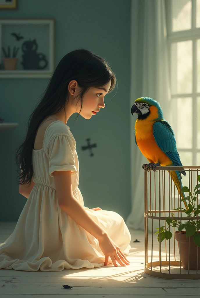 Imagine a girl in a softly lit room, with a cozy atmosphere. She is wearing a simple and delicate dress, maybe in pastel tones, and watches closely a colorful bird perched on a perch or inside an open cage. The bird's feathers are vibrant, with a mixture of blue, green and yellow that stand out in the environment.
On the floor or on the wall behind the , there is the SHADOW of a , a little enigmatic, as if it were close, but out of sight. This shade contrasts with the soft lighting of the room., creating a sense of mystery and curiosity.