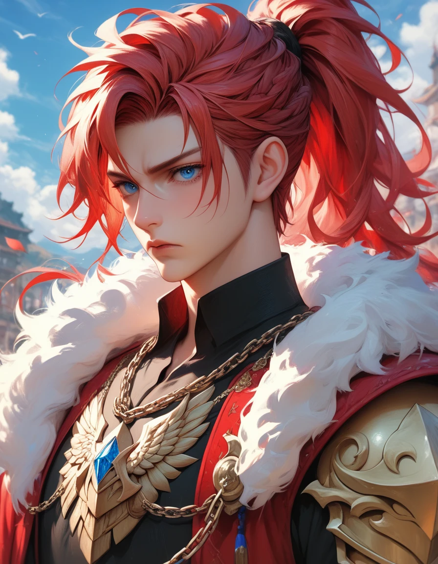 A man with red hair and black clothes, Beautiful face, blue eyes, very detailed young anime, Manga wallpaper 4k, anime boy, detailed drawing of an anime character, elements of chain mail and armor, fluffy shoulder length hair, half of the hair is tied in a ponytail, Frowning