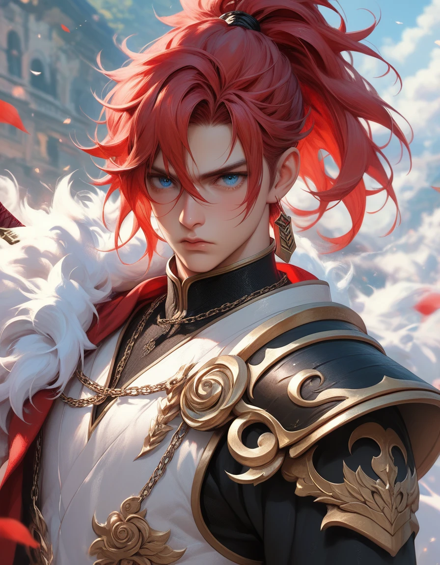 A man with red hair and black clothes, Beautiful face, blue eyes, very detailed young anime, Manga wallpaper 4k, anime boy, detailed drawing of an anime character, elements of chain mail and armor, fluffy shoulder length hair, half of the hair is tied in a ponytail, Frowning