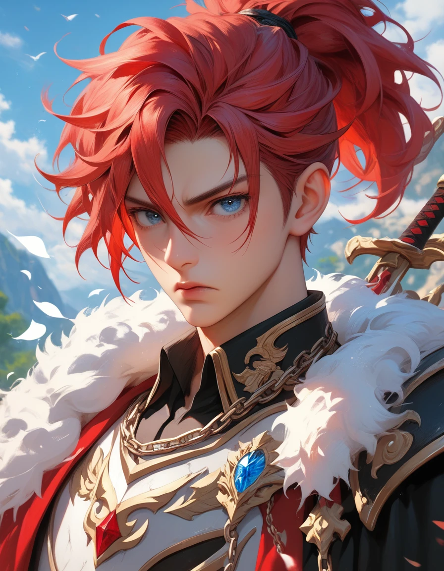 A man with red hair and black clothes, Beautiful face, blue eyes, very detailed young anime, Manga wallpaper 4k, anime boy, detailed drawing of an anime character, elements of chain mail and armor, fluffy shoulder length hair, half of the hair is tied in a ponytail, Frowning