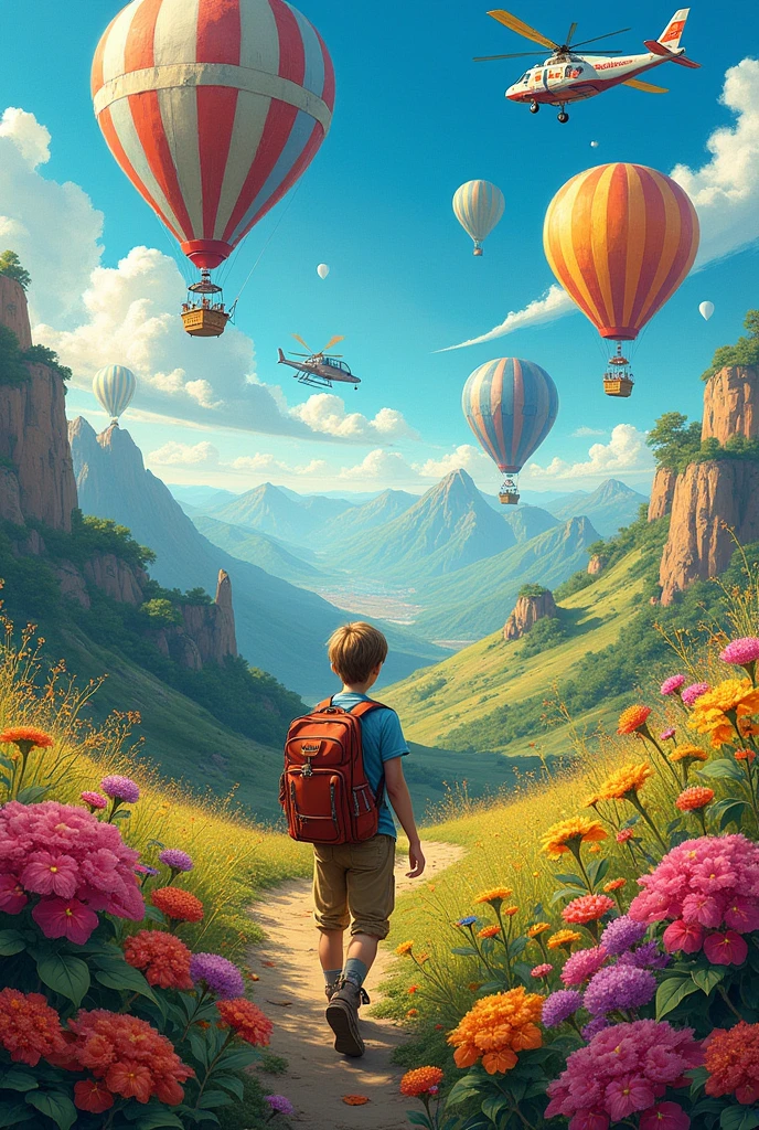 Create a painting depicting Thomas traveling the world, with many flowers along the way, hot air balloons, hydrogen balloons, planes and helicopters