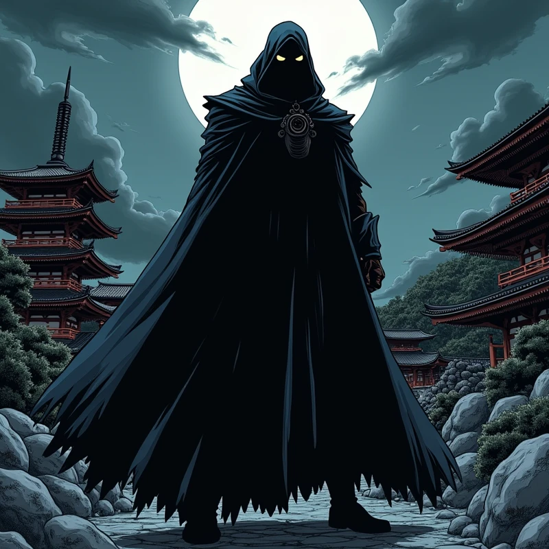 manga style, guts from berserk, covered face with shadow, shadow style, full body, japan background, night