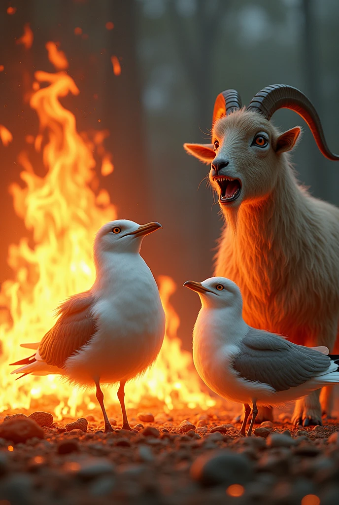 two cute seagulls are burning in the fire, a goat stands nearby in shock and cries