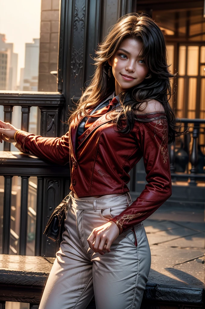 (masterpiece, best quality:1.2), cowboy shot, solo, 1girl, cinder fall, smiling, looking at viewer, long hair, white suit, red shirt, tie, standing on balcony, (volumetric lighting), sharp focus, hyper detailed