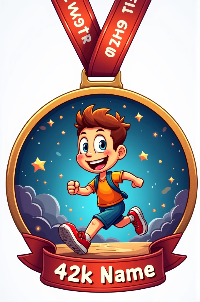Cartoon running medal celebrating 42k with space to add text and name