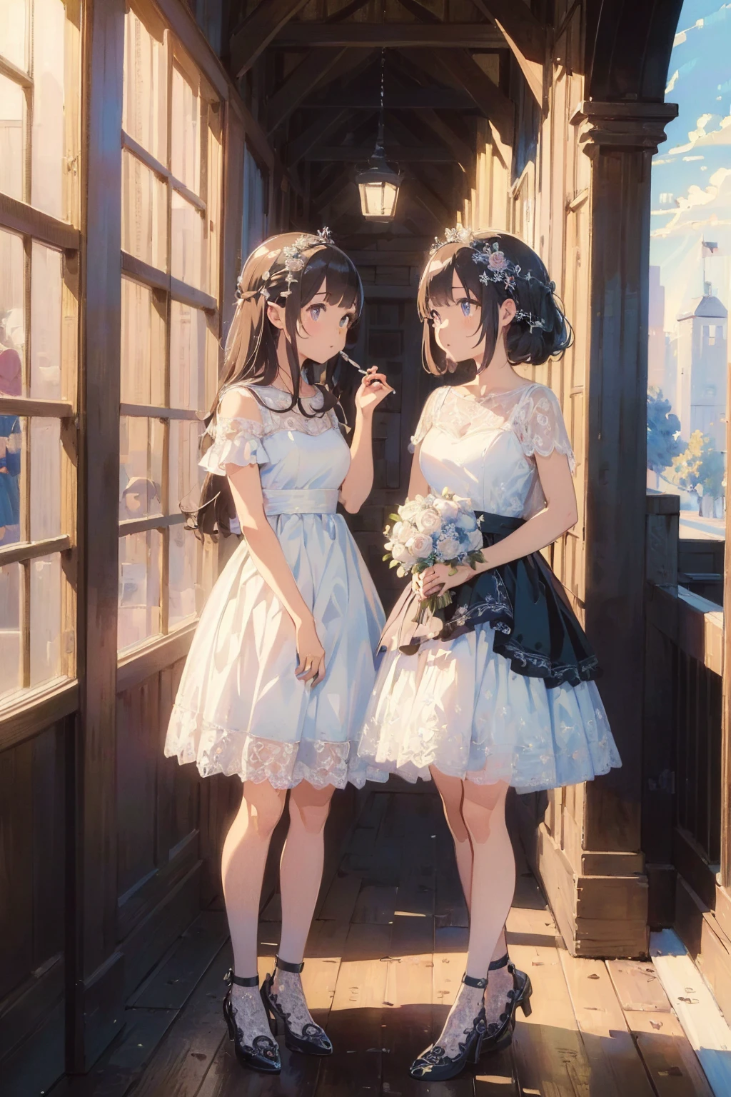 (masterpiece:1.8),(Highest quality:1.8),(Very detailed:1.8),(8k:1.8),(Ultra-fine Illustration:1.5),{{{2 women}}}, Lace dress,Multilayer dresses,Wedding dress,Lace dress ,Lesbians all over the world,shoes,headgear, wedding,church,牧師の前で誓いのkiss,kiss,