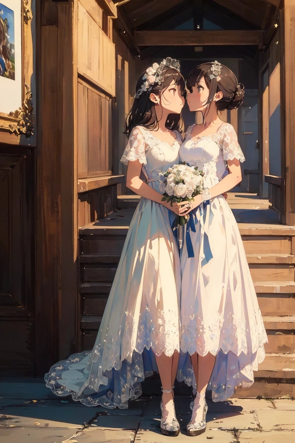 (masterpiece:1.8),(Highest quality:1.8),(Very detailed:1.8),(8k:1.8),(Ultra-fine Illustration:1.5),{{{2 women}}}, Lace dress,Multilayer dresses,Wedding dress,Lace dress ,Lesbians all over the world,shoes,headgear, wedding,church,牧師の前で誓いのkiss,kiss,