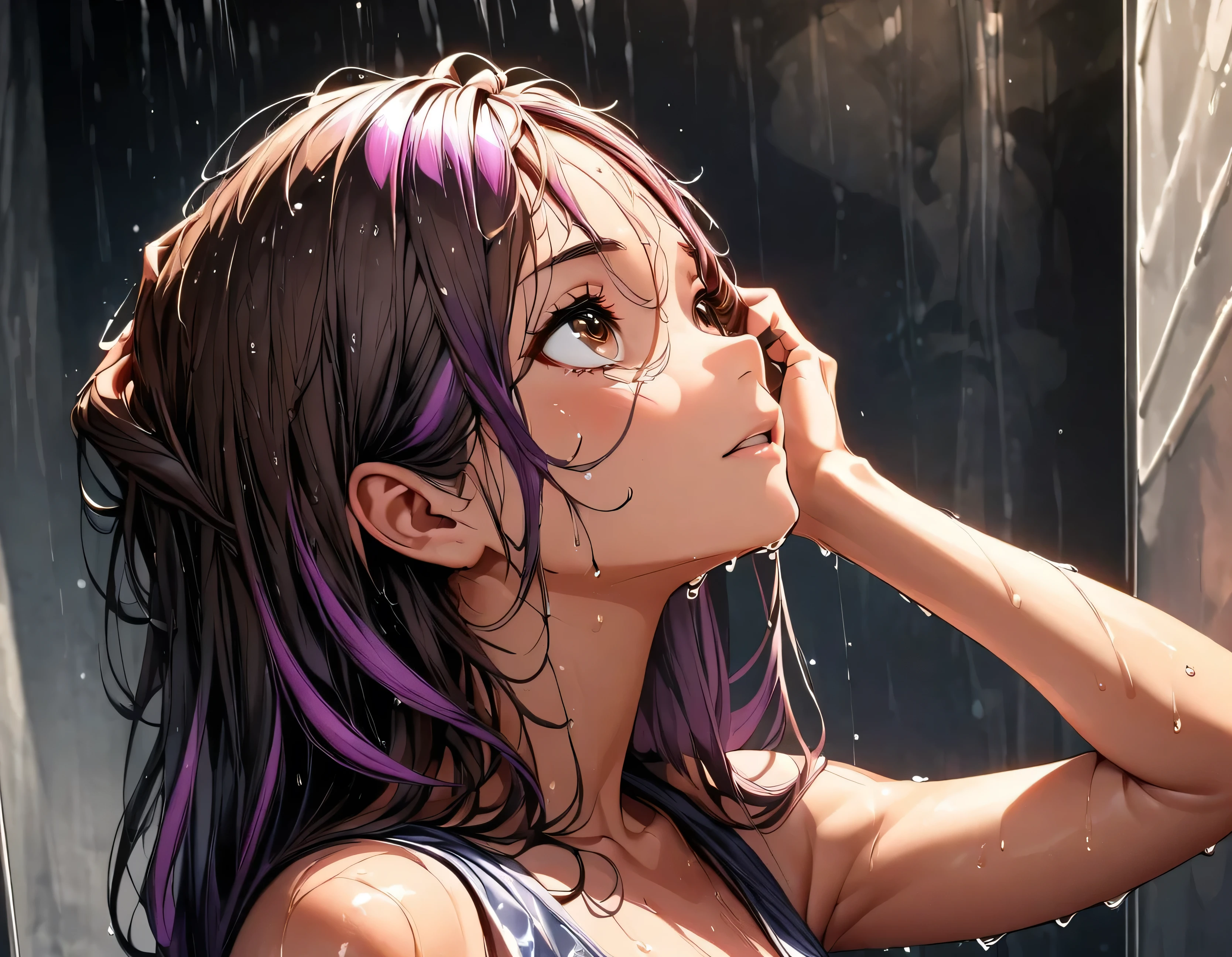 (highest quality:1.2, Very detailed, up to date, Vibrant, Ultra-high resolution, High Contrast, masterpiece:1.2, highest quality, Best aesthetics), Portraiture、girl, solo, (25-years-old:1), Bright colors、Beautiful fine details、Beautiful lip detail, long hair、black and purple ((streaked hair:1.6)), highlights hair: 1.5, brown eyes, ((slim body:1.4)), (small :0.7), (dark skin:0.3), (taking a shower from head:1),((wet hair:1.4)), (the shower is falling on her face:1), in shower room, hand on own head, (looking up:1.3), (upper body:1.3)