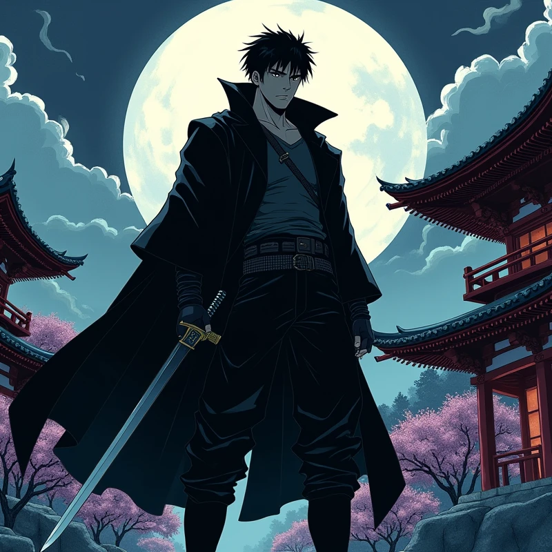 manga style, young guts from berserk, covered face with shadow, shadow style, full body, japan background, night