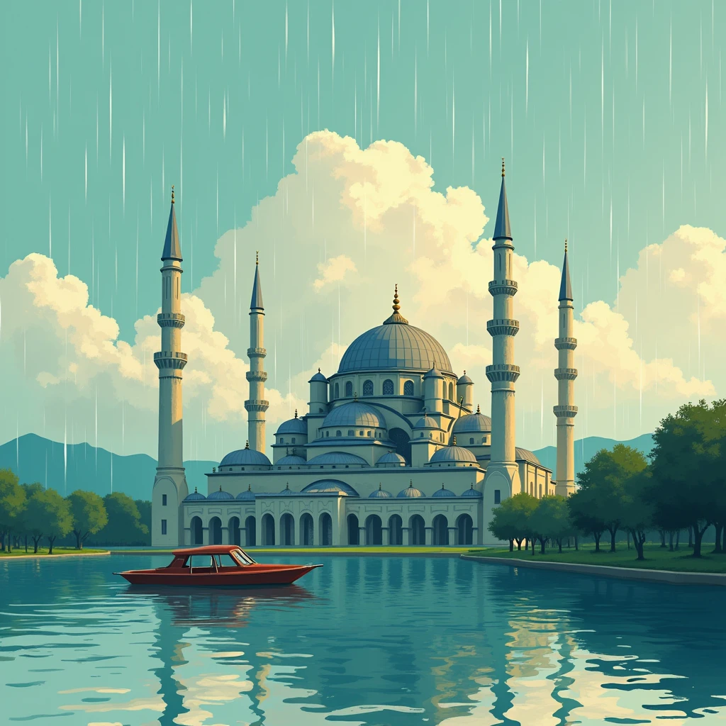 concept art of mosque , flat colors,sketch, in the middle of lake , raining ,boat n retro vubes , lofi