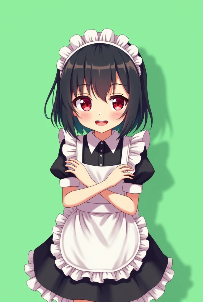 Maid cafe maid with short black hair, Red eyes, a sensual and happy expression, age range between 18 and 26 years, anime style completely in 2D, with pastel colors, with a completely flat and green background