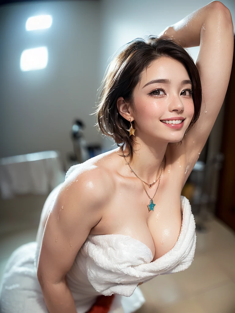 /*High-quality writing*/
(Supermodel body type:1.10),((((Super perfect plump busty star piece),(Highest quality),(Great quality),(Highly detailed lips),(Highly detailed eyes),(Highly detailed skin),(Perfect Anatomy),(16k portrait),(Ultra detailed face), (Realistic students),(Ultra-fine hair fibers),(Cleavage),(Perfect big ass),(Perfect Skin),(High resolution),(shape),(Realistic),(Highly detailed CG),(Official Art),(Production art),(novel shape),(By famous artists),(Caustics),(Fabric Shading),(Highly detailed skin),(Cinema Lighting),(Dynamic Lighting),break
/*Characters and expressions*/ Asian Girl, (1 person), Light on the face, 18-year-old, (((A very kind smile))), (Short Hairstyles),break
break /*
nsfw,side view 1girl,(looking away:1.3), (fisheye distorted lens:1.2), (naked towel:1.2), in bath dressing room,steam fog,sweat,Wet,armpits,(is:1.3),
back shot,(leaning forward:1.1)
break
(The most gorgeous necklace in the world), (The most gorgeous earrings in the world),
break
/*) ,(Katherine Langford), (whole body),break/*Oblique posture*/