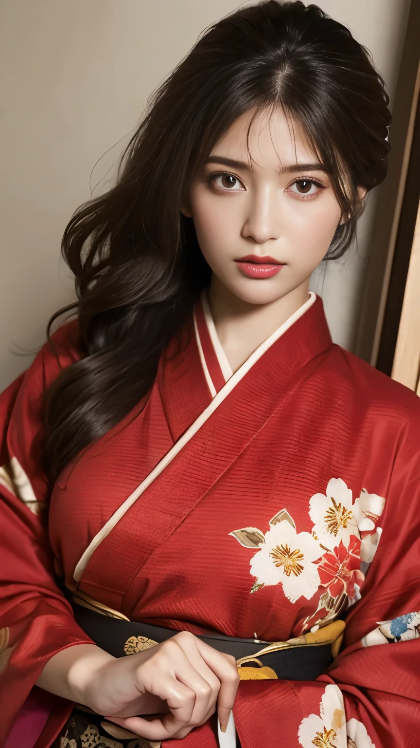 (8k, highest quality, masterpiece:1,2), (realistic, Photoreal:1.37), Super detailed, one girl,), (very detailed), (Detailed and beautiful eyes), (highest qualityの), (Super detailed ), (masterpiece), (detailed face),woman((19 years old)), hair((red, wavy, length)), eye ((Red eye, Big Eyes)), Clothes((kimono，big slit, Red floral pattern)), emma \(ax\), 和Clothes, kimono, super long hair，Black hair straight, Haori, 