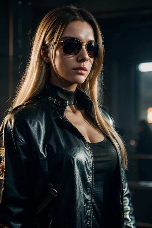 Mir Cyberpunk 2077. A girl with a strong build, Young, forensic expert, in a jacket and shirt, there is a police ID hanging around his neck, dark glasses with techno-optics on the eyes, Both hands are metallic and powerful. Long blond hair hangs down from the neck.