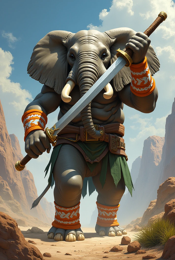 An elephant with orange, white and green socks carrying a sword in his hand like a person. The elephant must brandish his sword like a warrior.