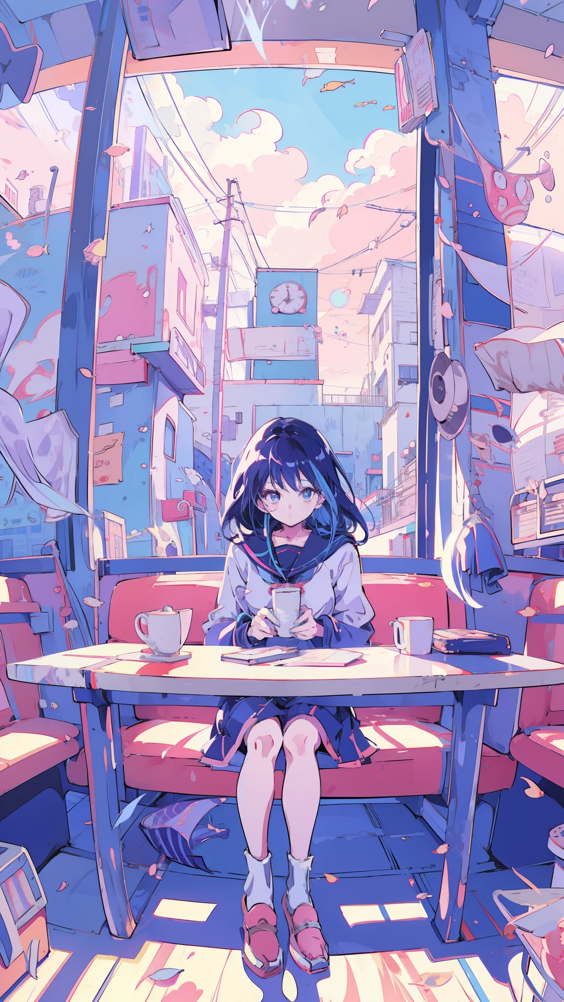 anime girl sitting at a table with a cup of coffee, anime vibes, lofi girl, anime aesthetic, anime style illustration, anime art style, lofi portrait, anime style 4 k, lofi girl aesthetic, digital anime illustration, beautiful anime art style, beautiful anime portrait, retro anime girl, anime style portrait, ilya kuvshinov style, anime style art