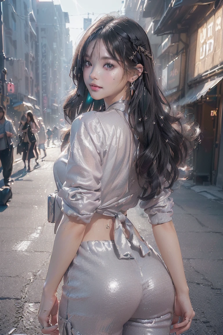 (((top-quality, 8K,超A high resolution、ultra-detailliert))),1girl in,female high-school student,a beauty girl,Street attire,(( t, silver pants, 、(( )、( light black hair,Colorful Extended Hair),perfectbody,skinny, Tied waist,Beautiful face, acurate, Anatomically correct, Highly detailed face and skin texture, Big eyes drawn in detail, Double eyelids, Thin eyebrows, Glitter Eyeliner: 1 Natural cheeks, Glossy skin, Fair skin: 1.2, (Glossy lips: 1.4),Highly detailed facial and skin texture, Detailed eyes, Double eyelids, Natural cheeks, , shiny lips: 1.4,Simple necklace and earrings,Smile and watch the viewer,Walking in the city, big booty【Not blurry,profetional lighting,Professional effects、(masutepiece: 1.3), (max resolution: 1.2), (Ultra HDTV: 1.2),octanerender, Fujifilm X100, Intense cinematic shots, Shallow depth of field, Volumetric lighting, kintsugi,(8K、Raw photography、masterpiece:1.4)、(realisitic、Photorealsitic:1.37)、Shot with CineStill 800T、(Extreme top quality:1.3)、((depth of fields:))、absurderes、(超A high resolution、extremery detailed CG、hight resolution、realisitic、ultra-detailliert、a picture、A hyper-realistic、ultra-detailliert、Cinematic atmosphere、8K UHD、insanely detaileda、trending on artstationh、awardwinning photo、extremely detailed photo、hight resolution:1.5)】No tags or text