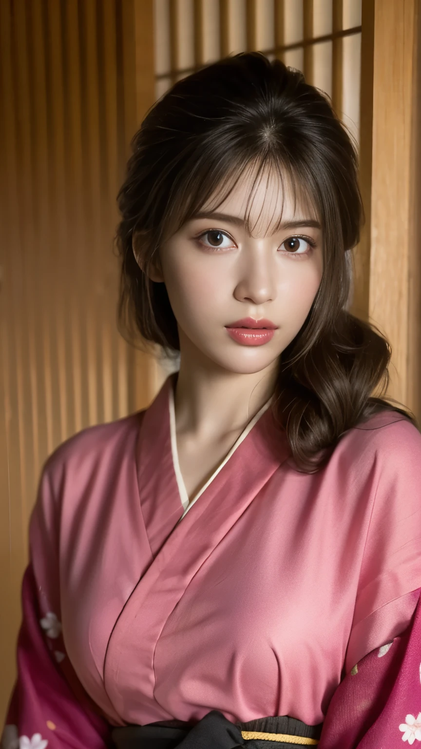 (8k, highest quality, masterpiece:1,2), (realistic, Photoreal:1.37), Super detailed, one girl,), (very detailed), (Detailed and beautiful eyes), (highest qualityの), (Super detailed ), (masterpiece), (detailed face),woman((19 years old)), hair((pink, wavy, length)), eye ((Red eye, Big Eyes)), Clothes((kimono,big slit, Pinh floral pattern)), emma \(ax\), 和Clothes, kimono, super long hair,Black hair straight, Haori,