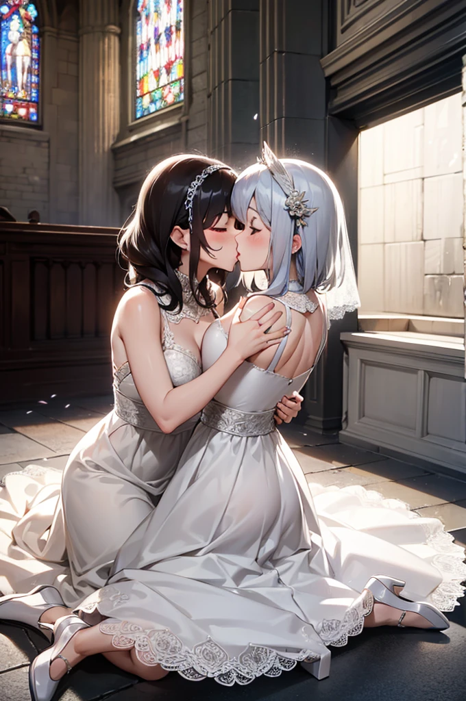 {{{2 women}}}, Lace dress,Multilayer dresses,Wedding dress,Lace dress ,Lesbians all over the world,shoes,headgear, wedding,church,牧師の前で誓いのkiss,kiss,