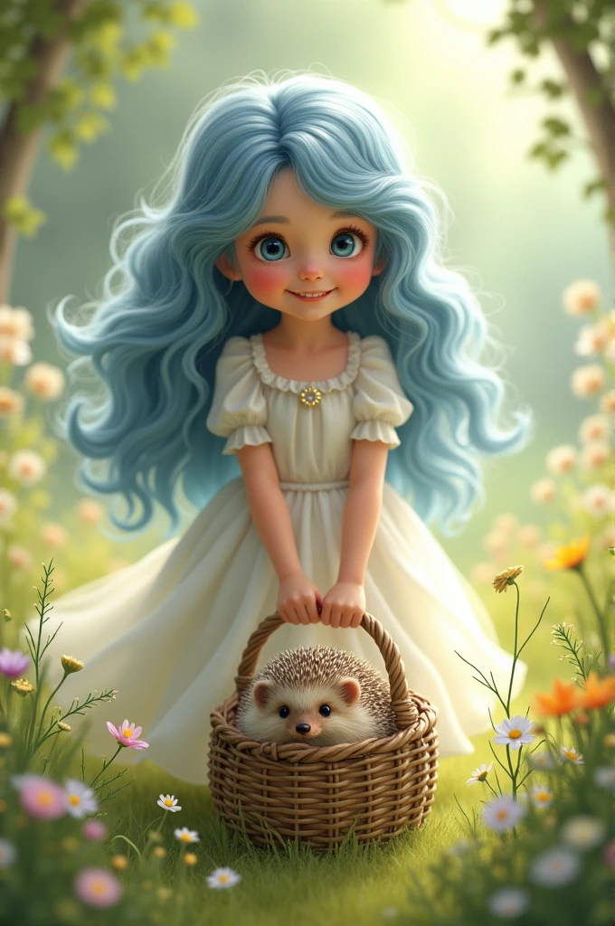 A girl with long blue curly hair, smiling lips, wearing a white princess dress, finds a hedgehog in a basket.