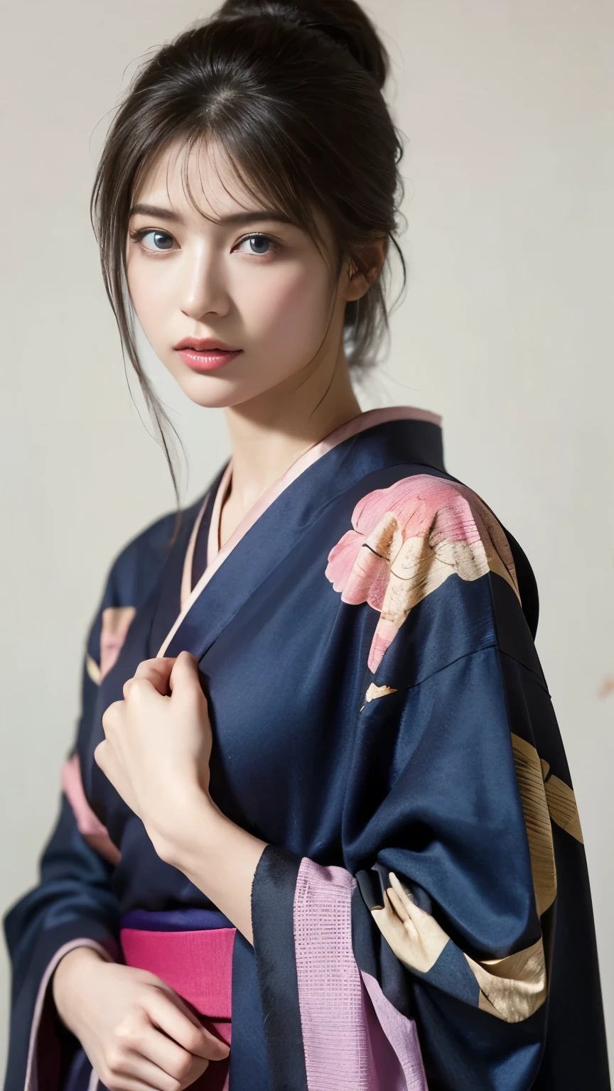(8k, highest quality, masterpiece:1,2), (realistic, Photoreal:1.37), Super detailed, one girl,), (very detailed), (Detailed and beautiful eyes), (highest qualityの), (Super detailed ), (masterpiece), (detailed face),woman((19 years old)), hair((blue, wavy, length)), eye ((Blue eye, Big Eyes)), Clothes((kimono,big slit, Pink floral pattern)), emma \(ax\), 和Clothes, kimono, super long hair,Black hair straight, Haori,