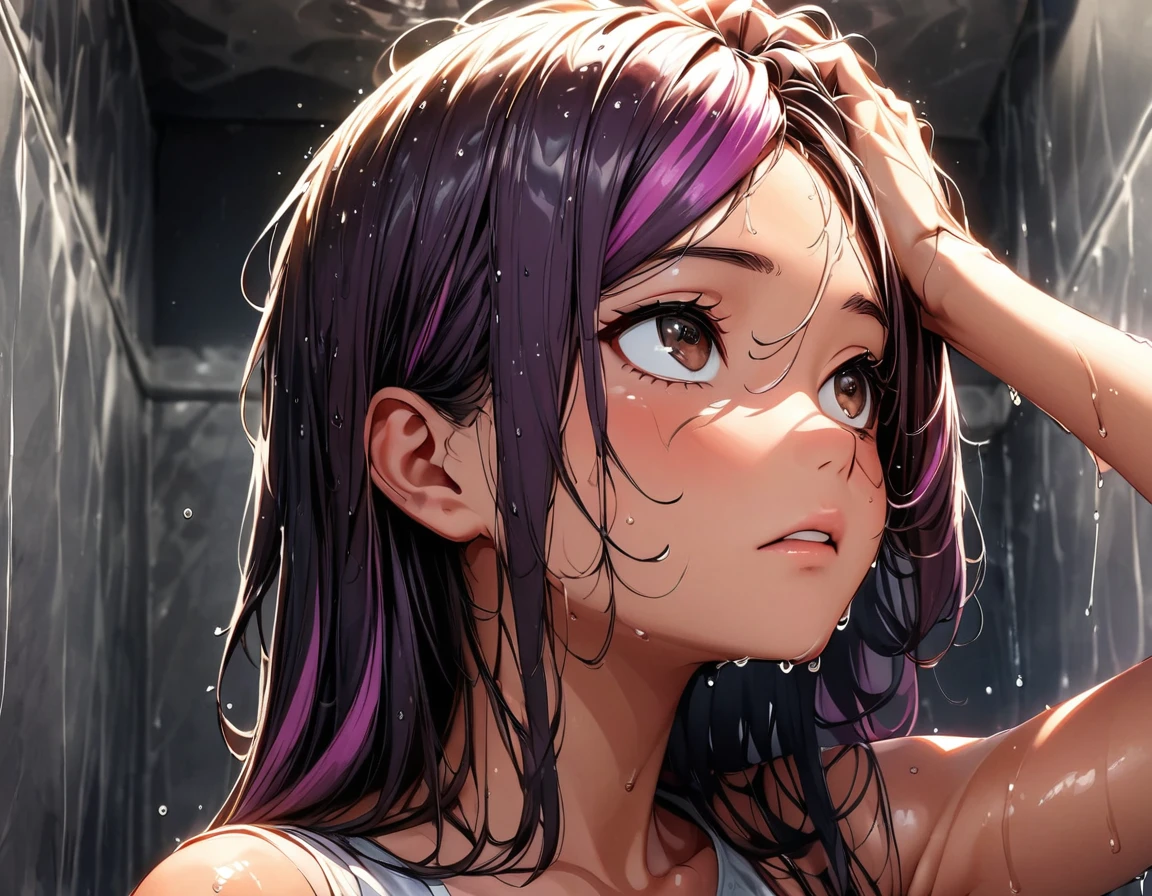 (highest quality:1.2, Very detailed, up to date, Vibrant, Ultra-high resolution, High Contrast, masterpiece:1.2, highest quality, Best aesthetics), Portraiture、girl, solo, (25-years-old:1), Bright colors、Beautiful fine details、Beautiful lip detail, long hair、black and purple ((streaked hair:1.6)), highlights hair: 1.5, brown eyes, ((slim body:1.4)), (small breast:0.7), (dark skin:0.3), (taking a shower from head:1),((wet hair:1.4)), (the shower is falling on her face:1), in shower room, hand on own head, (looking up:1.3), (upper body:1.4)
