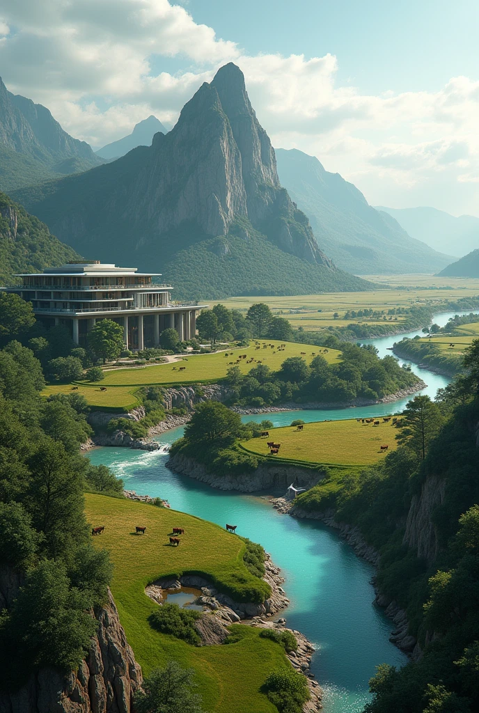 a farm with 10000 hectares, with a mansion with an infinity pool on top of the mountain overlooking the airport with a private jet inside the farm, with a large river with hydroelectric power generation, with an area with windmills for generating wind energy, with a large area of solar panels and a large area with 10,000 cattle