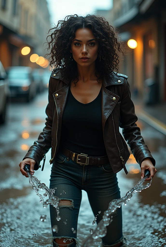 Woman with curly hair in leather jacket loses water