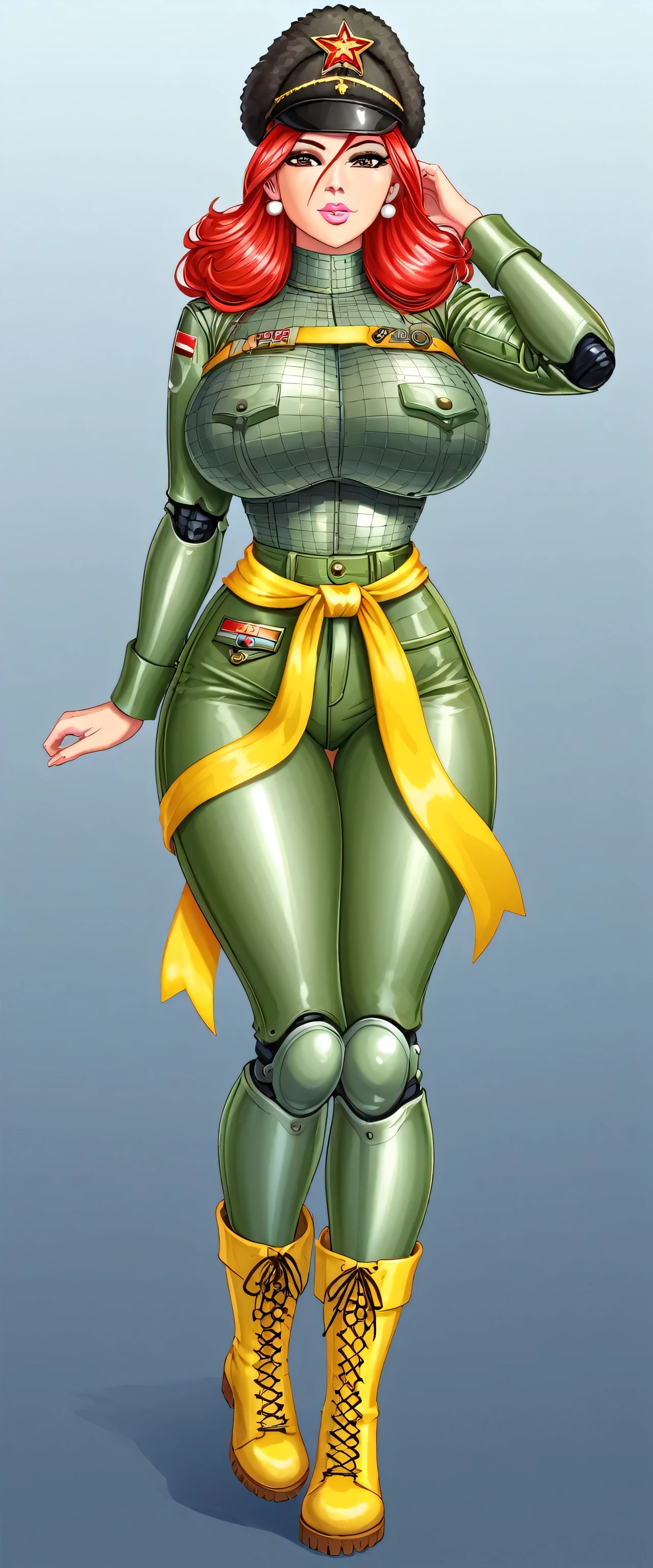 A tall, sexy, kind, busty Russian Soviet military girl milf with long, straight, soft red hair, brown eyes, pink lips, wearing a green metallic top, a black patch on her chest, a yellow ribbon around her waist, and large green metallic pants with sensual thighs and large yellow boots. She is wearing a black Soviet winter cap.