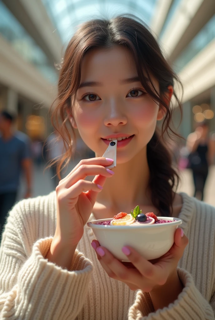 Woman aged 25 to 35, At the mall brown eye eating acai , ultra HD, high qualiy, best qualityer, high resolution, 8k, 16K