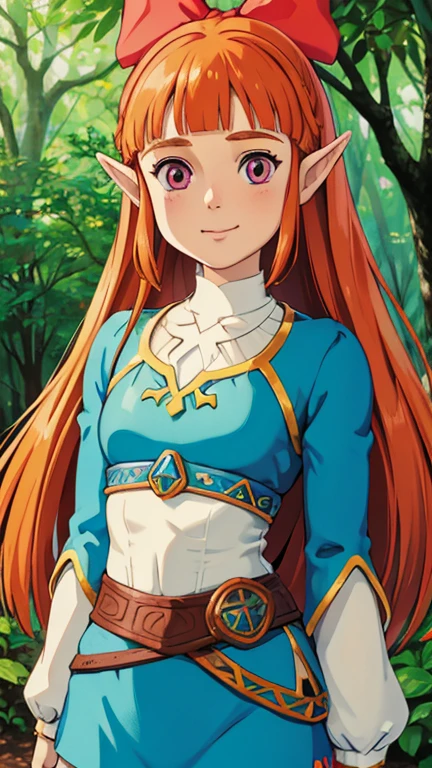 (1girl, solo, highly insanely detailed, masterpiece, top quality, best quality, highres, 4k, 8k, RAW photo),((innocent look)),((Childish)),From the front, symmetrical composition,smile,cute,Innocent,Kind eyes,Flat chest, ghibli style,forest, (blossom), (orange hair, long hair, blunt bangs, hair bow, pink eyes)
(zelda botw outfit)