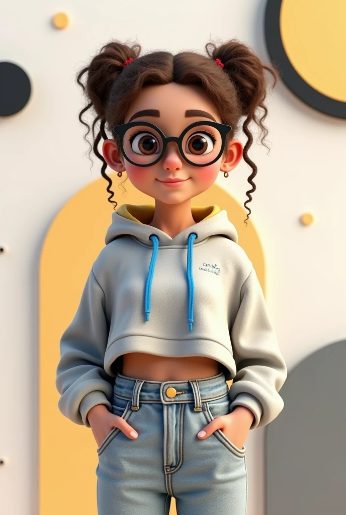 Create a highly detailed 3D illustration of a young female character with an environmental and modern look. She has curly brown hair styled in two braids that crown her head, large, expressive brown eyes, and wears round glasses. The character has a warm skin tone and is dressed in a casual outfit featuring a light gray short sweatshirt with blue drawstrings and a small logo on the chest. She also wears high-waisted, light-colored jeans with visible seams. A character smiles gently, looking straight ahead, with a relaxed and confident posture. The background should be minimalist and modern, incorporating abstract shapes in neutral tones (white, gray and black) with a subtle touch of mustard yellow. The image should convey a feeling of accessibility, creativity and modernity.