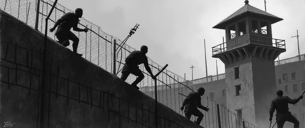 5. S’échapper d’une Prison
Description : Une scène d’évasion de prison peut être représentée avec des personnages grimpant un mur, se faufilant à travers une grille, ou utilisant une corde pour descendre du haut d'une tour. Les éléments de la prison (barreaux, murs, miradors) pourraient se fondre sur les deux pages.
Techniques : Utilise des lignes droites et rigides pour les structures de la prison, et des ombres marquées pour montrer la dureté et l’oppression. Pour les personnages, tu peux jouer avec la perspective et les angles pour montrer leur détermination et leur peur. technique pastel sec