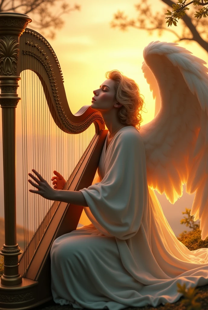 A male angel with piercing enjoying a sunset while playing a harp