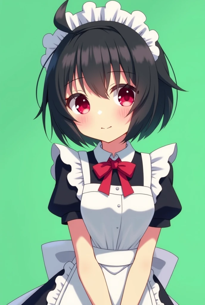 Maid cafe maid with short black hair, Red eyes, a sensual and happy expression, age range between 18 and 26 years, anime style completely in 2D, with pastel colors, with a completely flat and green background