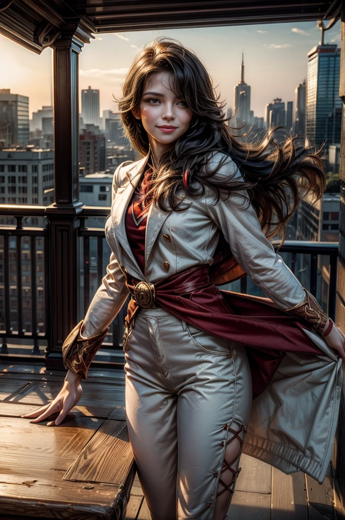 (masterpiece, best quality:1.2), cowboy shot, solo, 1girl, cinder fall, smiling, looking at viewer, long hair, white suit, red shirt, tie, standing on balcony, (volumetric lighting), sharp focus, hyper detailed 