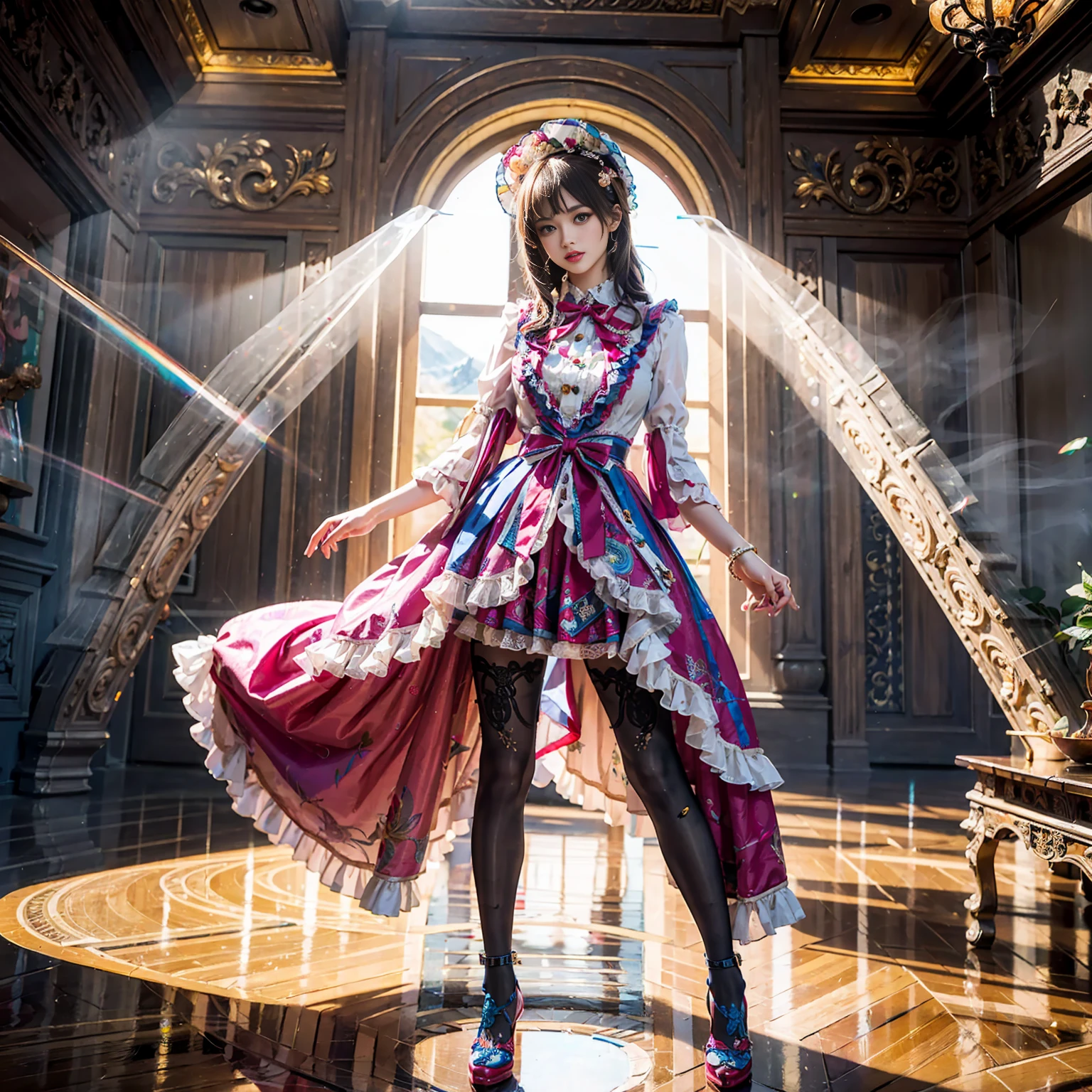 Model figure, long-legged woman, A woman in a luxurious and elaborate lolita dress, wearing lolita mary jane shoes with ornate details, patterned tights, standing on a snowy mountain, with reflective skin and reflective clothing, venusbody, full body shot, ray tracing, reflection light, chiaroscuro, UHD, masterpiece, anatomically correct, textured skin, super detail, high quality, 4K, highres