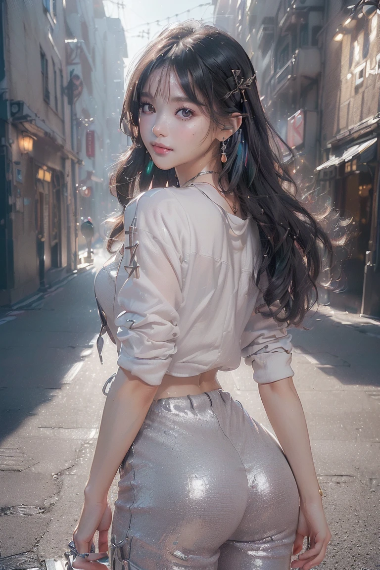 (((top-quality, 8K,超A high resolution、ultra-detailliert))),1girl in,female high-school student,a beauty girl,Street attire,(( t, silver pants, white top 、(( )、( light black hair,Colorful Extended Hair),perfectbody,skinny, Tied waist,Beautiful face, acurate, Anatomically correct, Highly detailed face and skin texture, Big eyes drawn in detail, Double eyelids, Thin eyebrows, Glitter Eyeliner: 1 Natural cheeks, Glossy skin, Fair skin: 1.2, (Glossy lips: 1.4),Highly detailed facial and skin texture, Detailed eyes, Double eyelids, Natural cheeks, , shiny lips: 1.4,Simple necklace and earrings,Smile and watch the viewer,Walking in the city, big booty【Not blurry,profetional lighting,Professional effects、(masutepiece: 1.3), (max resolution: 1.2), (Ultra HDTV: 1.2),octanerender, Fujifilm X100, Intense cinematic shots, Shallow depth of field, Volumetric lighting, kintsugi,(8K、Raw photography、masterpiece:1.4)、(realisitic、Photorealsitic:1.37)、Shot with CineStill 800T、(Extreme top quality:1.3)、((depth of fields:))、absurderes、(超A high resolution、extremery detailed CG、hight resolution、realisitic、ultra-detailliert、a picture、A hyper-realistic、ultra-detailliert、Cinematic atmosphere、8K UHD、insanely detaileda、trending on artstationh、awardwinning photo、extremely detailed photo、hight resolution:1.5)】No tags or text