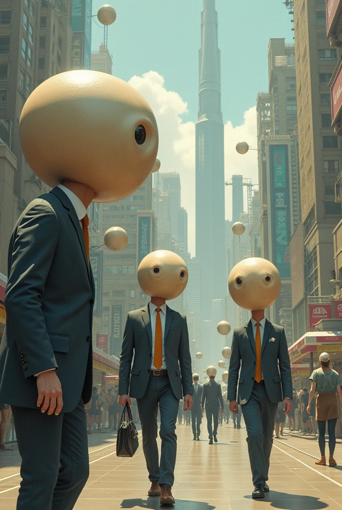 Create a city where there are several adults with big heads. In this world people have very big heads. Make it realistic.