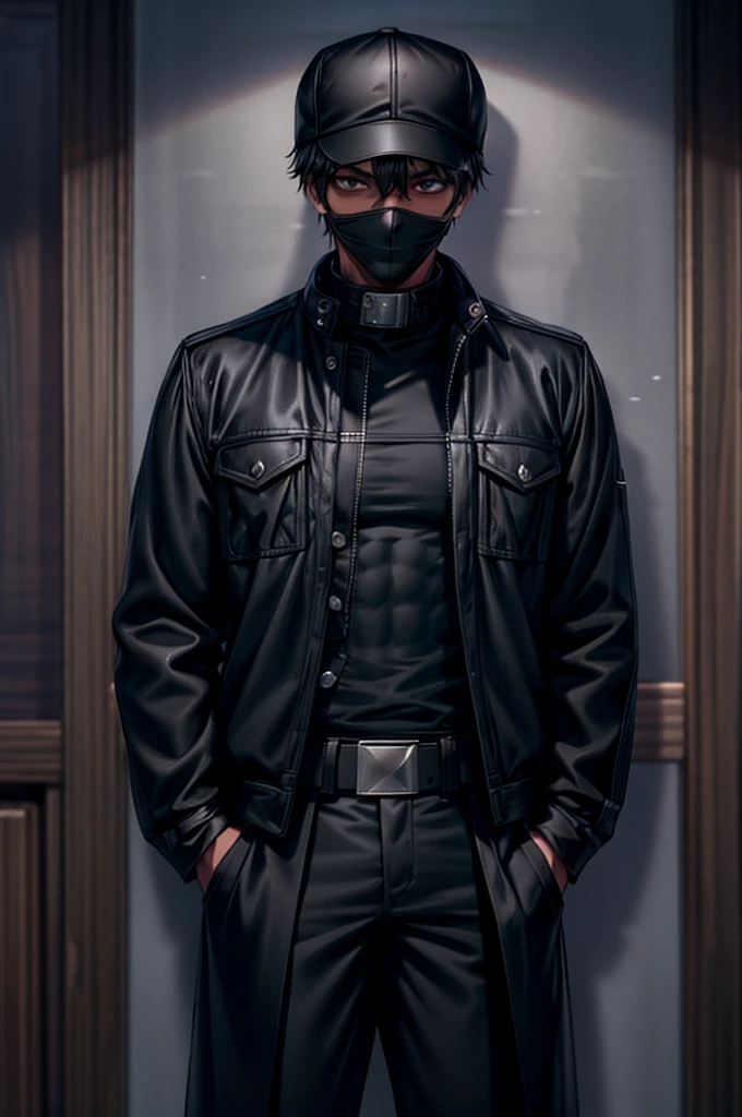 1 guy with dark skin, hands in jacket pockets, wearing open black jacket with lots of belts. Black pants, wearing black baseball cap and black face mask covering only mouth, short white hair. has two small black blades sheathed on his back. tired expression. standing in a bar