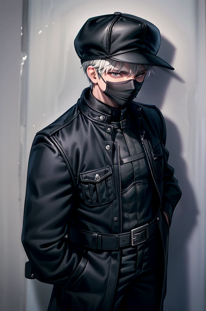 1 guy with dark skin, hands in jacket pockets, wearing open black jacket with lots of belts. Black pants, wearing black baseball cap and black face mask covering only mouth, short white hair. has two small black blades sheathed on his back. tired expression. standing in a bar