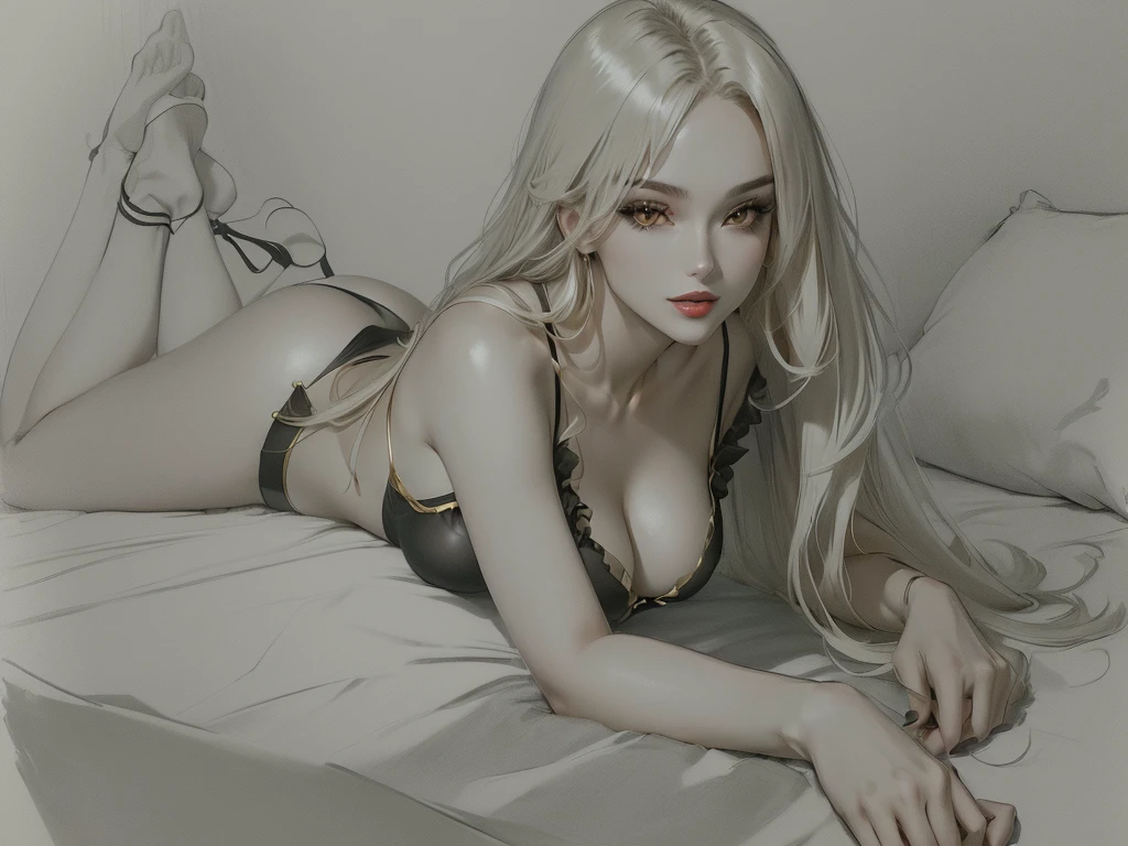 (work of art, best qualityer, 4k hd, ) a woman lying on her stomach, sultry posing, pose de anime, shadowing!!!, estilo de anime drawing, with out shadowing, outlined!!!, , badass pose, Approximate sketch, anime drawing, anime girl lying down, long hair, black hair with white highlights, layered hairstyle, affectionate smile, gentle look, gold eyes, fine lips, red lipgloss stick, perfectbody, firm bust, bountiful breasts, short shorts that are tight to the body, sexy shorts, Blusa social de it, low-cut blouse, thin fabric blouse, almost transparent blouse, glued blouse, long neckline, Loose Tie, slim body, sultry body, attractive body