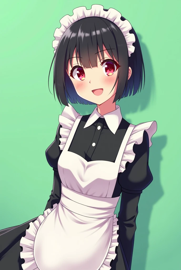 Maid cafe maid with short black hair, Red eyes, a sensual and happy expression, age range between 18 and 26 years, anime style completely in 2D, with pastel colors, with a completely flat and green background 