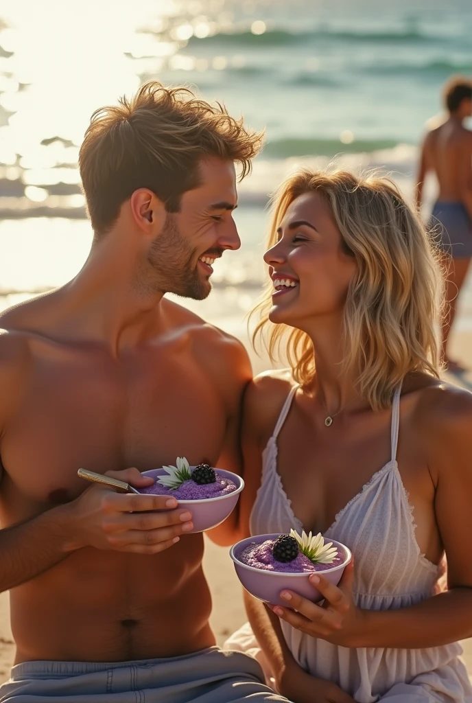 Man and Girlfriend 25 to 35 years old, On the beach blonde hair brown eyes eating acai , with friends Ultra HD, high qualiy, best qualityer, high resolution, 8k, 16K