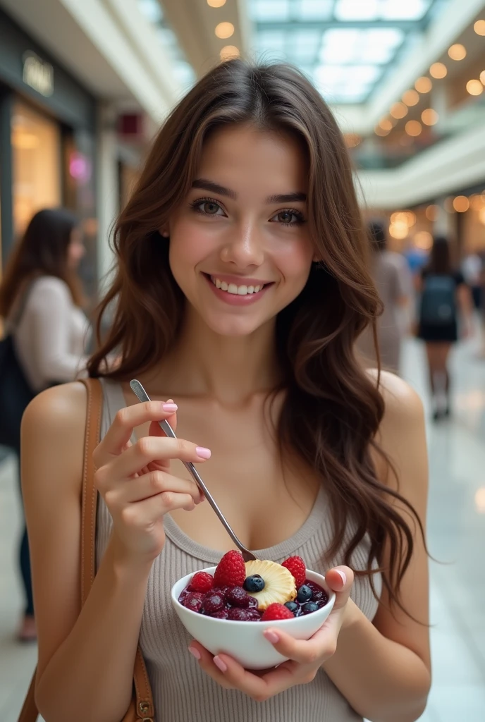 Woman aged 25 to 35, At the mall brown eye eating acai ,  ultra HD, high qualiy, best qualityer, high resolution, 8k, 16K