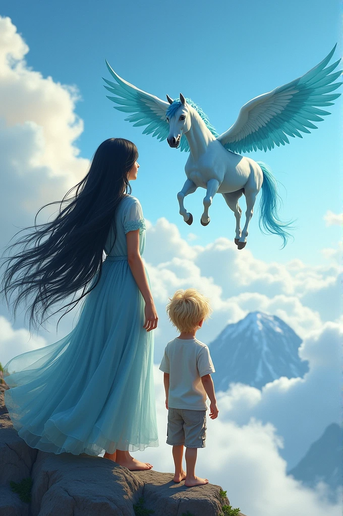 Create a beautiful girl with long black hair with loose bangs with your 3  son, blond hair a little voluminous, are standing with their backs facing a horse with blue wings in the sky full of clouds on a mountain.