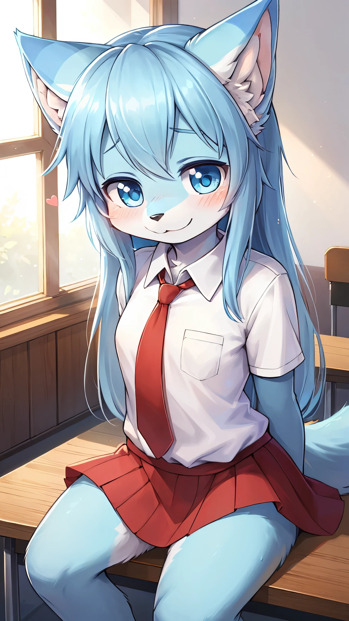 best quality,best resolution,solo,(fluffy anthro furry :1.6),(young :1.8),cat girl,flat chest,light blue hair,long hair,messy hair,blue eyes,glistering eyes,sparkle eyes,(light blue fur :1.6),(white short arms shirt with red tie),(red skirt),beautiful classroom,light and shadow,full face blush,heart expression,heart eyes glow,embarassed face,smile,sitting,shy pose