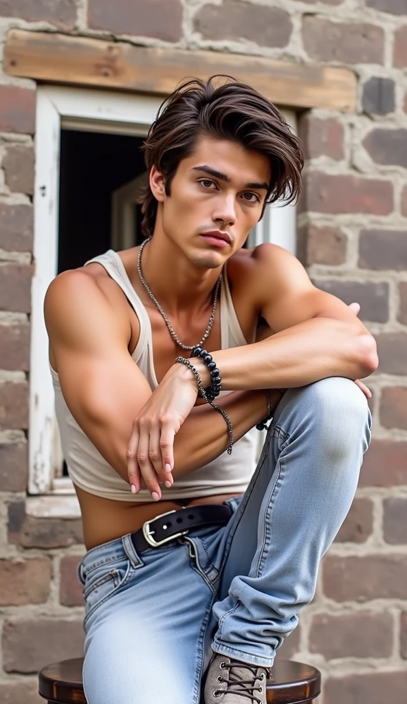 brunette grunge hair man 30 years, photo presents a man in a simple yet stylish outfit, exuding an air of rugged confidence. He is seated on a wooden stool with his arms crossed, gazing directly at the camera with a serious expression. The neutral background keeps the focus on him and his attire.
Here's a breakdown of his clothing:
Tank Top: He's wearing a classic white tank top, a garment often associated with a casual and athletic aesthetic. The tank top is form-fitting, showcasing his muscular physique.
Jeans: He pairs the tank top with black jeans. The jeans appear to have a slim-straight fit, hugging his legs and creating a sleek silhouette. The darker denim contrasts with the white tank top, adding a touch of visual interest.
Boots: He's wearing black leather boots that lace up, likely combat boots or a similar style. The boots add a rugged and slightly edgy element to the otherwise clean and minimalist look.
Accessories: He's accessorizing with a few simple pieces:
A thin silver chain necklace with a small pendant.
A dark beaded bracelet on one wrist.
A simple belt with a silver buckle.
Overall Impression: The man's style is straightforward, masculine, and effortlessly cool. The combination of the classic tank top, slim black jeans, and rugged boots creates a look that is both timeless and contemporary. The minimal accessories add a touch of personal style without overpowering the clean simplicity of the outfit. The photo conveys a sense of strength, confidence, and a slightly rebellious spirit. This style could be described as casual, urban, or with a touch of rock-and-roll inspiration., raw photo realistic, attractive and good looking, Portrait of a beautiful young man, beautiful male face, full body, inspired by Francisco Lachowski
