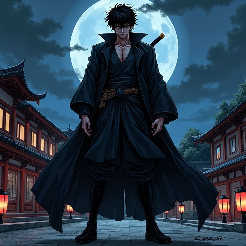 manga style, young guts from berserk, covered face with shadow, full body, japan background, night